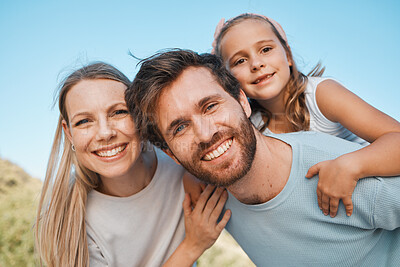 Buy stock photo Nature portrait, happiness and family child, mother and father enjoy time together, park or outdoor wellness. Freedom, summer holiday and face of happy mom, dad and young kid bonding, care and love