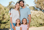 Park portrait, happiness and family children, mother and father enjoy time together, nature or outdoor wellness. Green woods, support trust and happy mom, dad and youth kids bonding, care and love