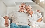 Senior, portrait or happy couple hug in home with love on sofa to bond in a marriage commitment together. Smile, face or mature people in retirement with care or support in living room to relax 