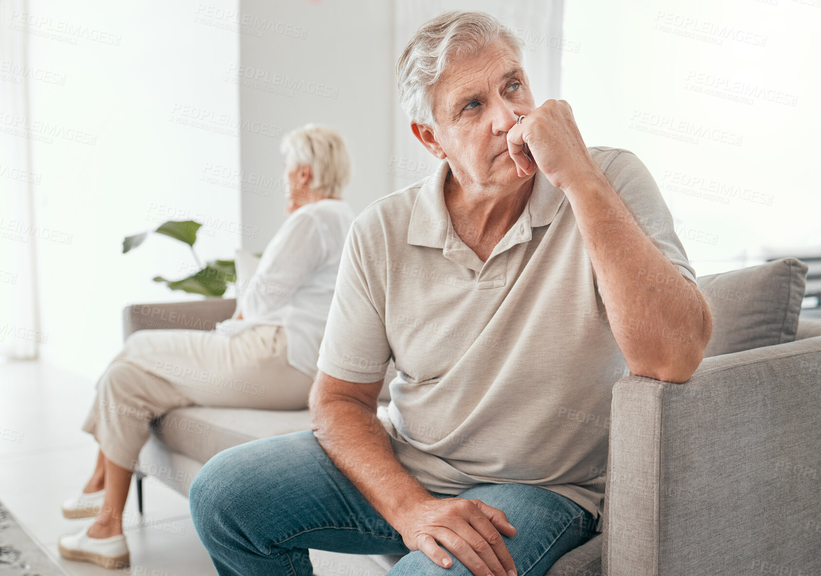 Buy stock photo Ignore, elderly couple and divorce on sofa in home living room for conflict, fight or stress for marriage crisis. Senior man, woman and depression, angry at mistake or frustrated at relationship fail