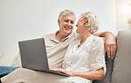 Senior, couple and online shopping with laptop on sofa in home living room with ecommerce, promotion or online deal. Old people, search and shop on internet or relax with computer in lounge together