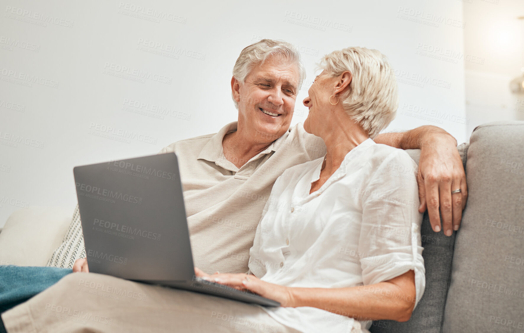 Buy stock photo Senior, couple and online shopping with laptop on sofa in home living room with ecommerce, promotion or online deal. Old people, search and shop on internet or relax with computer in lounge together