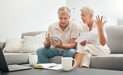 Buy stock photo Frustrated senior couple, documents and financial crisis on living room sofa in debt, expenses or bills at home. Mature man and woman checking finance, paperwork or budget with calculator for invoice