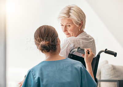 Buy stock photo Old woman in wheelchair, help or caregiver talking for healthcare support at nursing home. Back, view or happy nurse speaking to senior patient or elderly person with a disability for empathy or hope