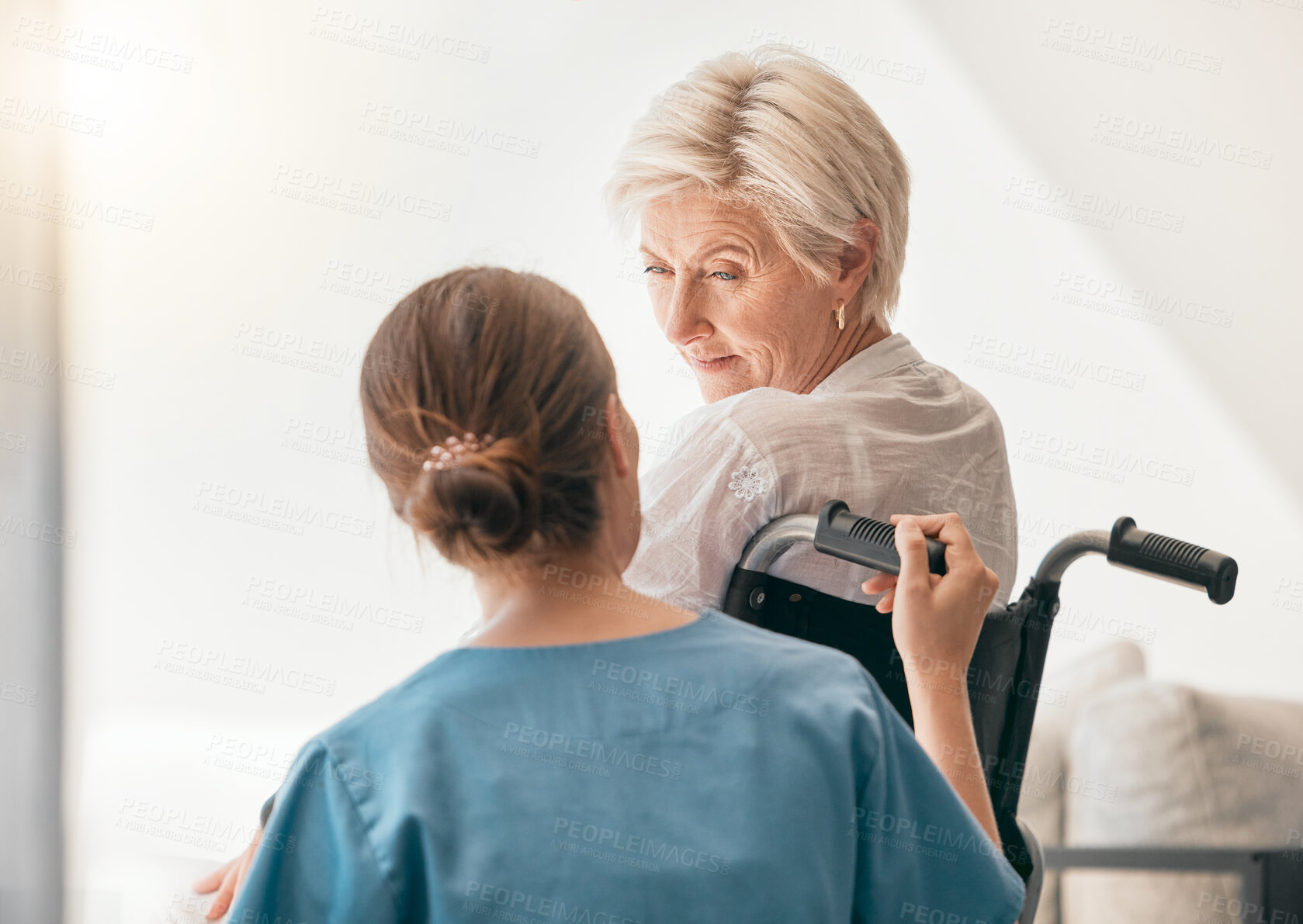 Buy stock photo Old woman in wheelchair, help or caregiver talking for healthcare support at nursing home. Back, view or happy nurse speaking to senior patient or elderly person with a disability for empathy or hope