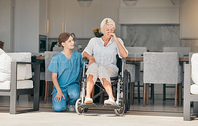 Buy stock photo Wheelchair, assisted living or support with an old woman and caregiver in a nursing home for empathy. Pain, loss or grief with a young nurse and senior patient with a disability  together for care