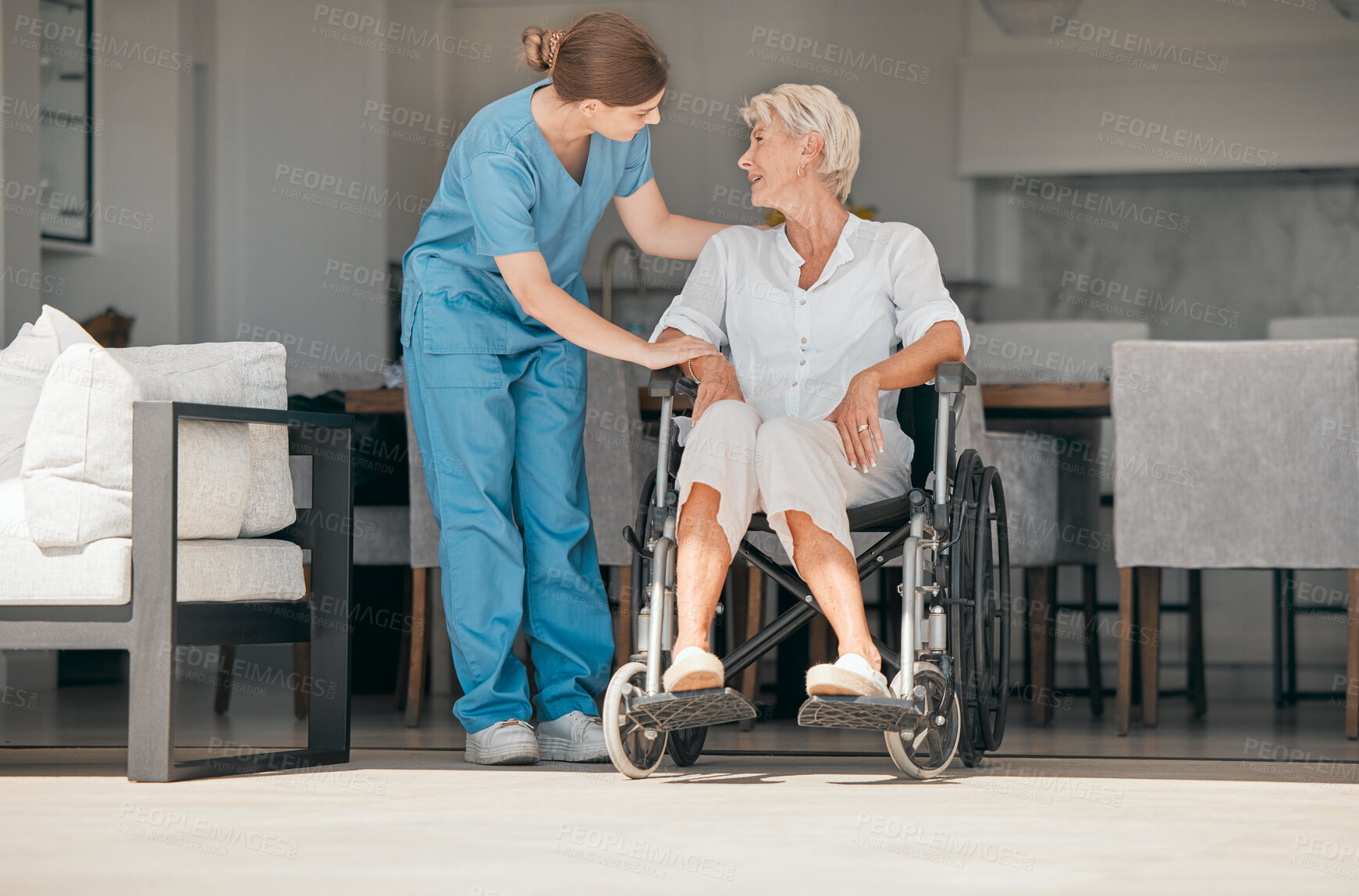 Buy stock photo Old woman in wheelchair, trust or caregiver talking for healthcare support at nursing home. People, help or nurse speaking to senior patient or elderly person with a disability for empathy or hope