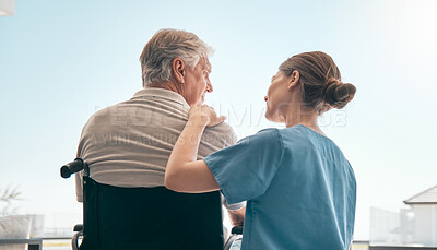 Buy stock photo Old man in wheelchair, view or caregiver talking for healthcare support at nursing home. Back, window or nurse speaking to senior patient or elderly person with a disability for care, empathy or hope