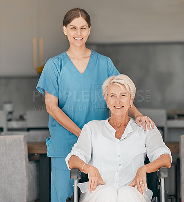 Buy stock photo Portrait, nurse and senior woman in wheelchair in home kitchen, support and comfort. Happy caregiver, elderly person with a disability and retirement house for rehabilitation, health or physiotherapy