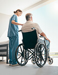 Old man in wheelchair, window or caregiver talking for healthcare support at nursing home. Back, view or nurse speaking to senior patient or elderly person with a disability for care, empathy or hope