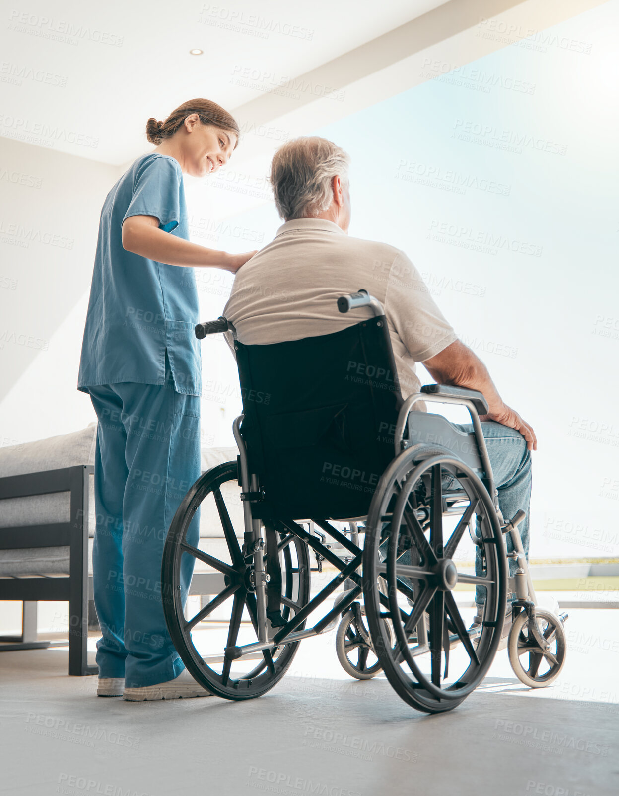 Buy stock photo Old man in wheelchair, window or caregiver talking for healthcare support at nursing home. Back, view or nurse speaking to senior patient or elderly person with a disability for care, empathy or hope