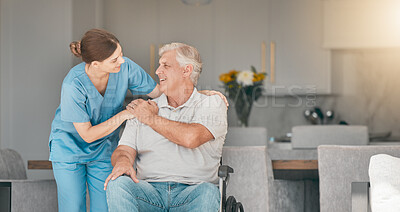 Buy stock photo Woman, doctor and wheelchair in elderly care for support, trust or nursing in retirement or old age home. Female nurse or caregiver talking to senior man or person with a disability in living room