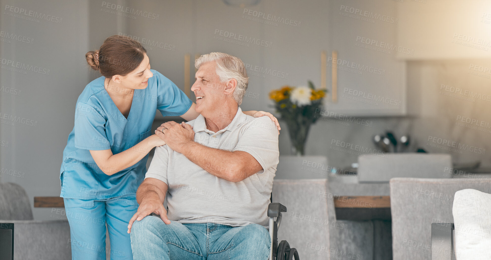 Buy stock photo Woman, doctor and wheelchair in elderly care for support, trust or nursing in retirement or old age home. Female nurse or caregiver talking to senior man or person with a disability in living room