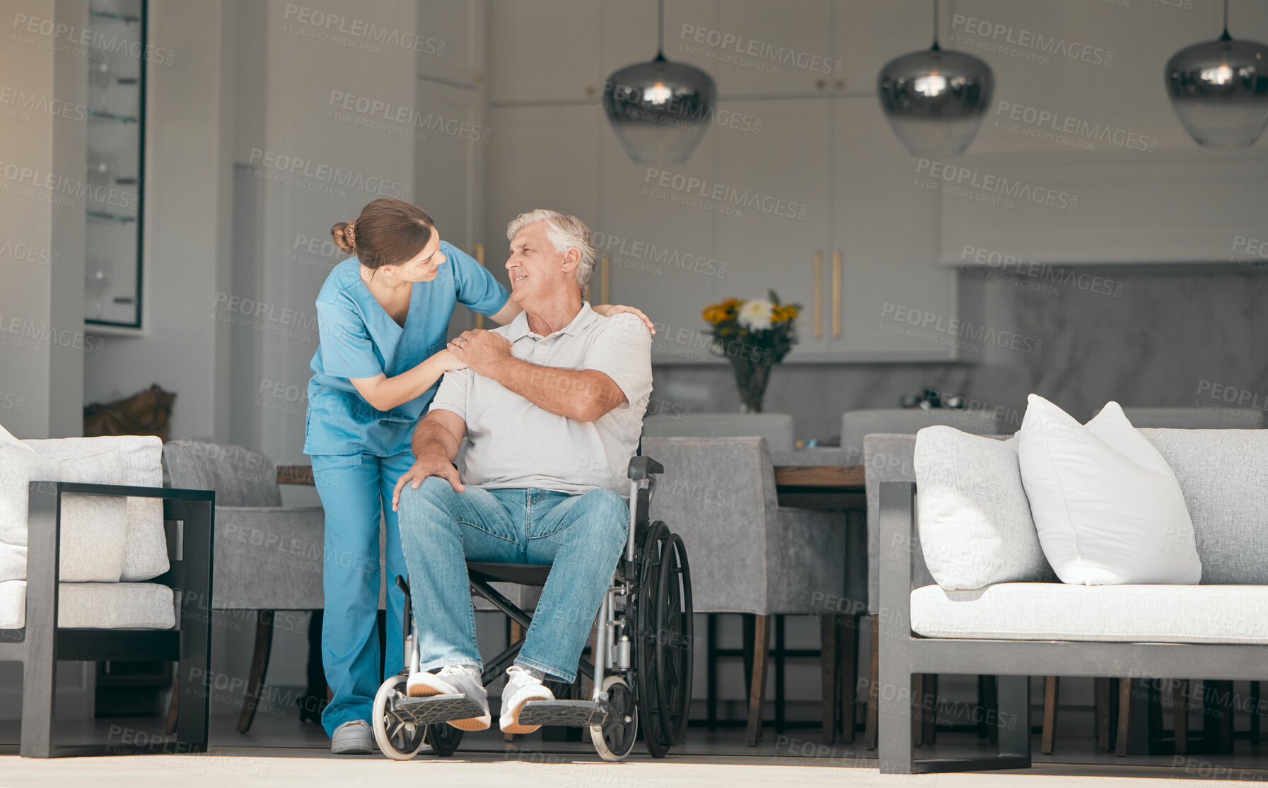 Buy stock photo Woman, doctor and wheelchair in elderly care for nursing, support or trust in retirement or old age home. Female nurse or caregiver talking to senior man or person with a disability in living room