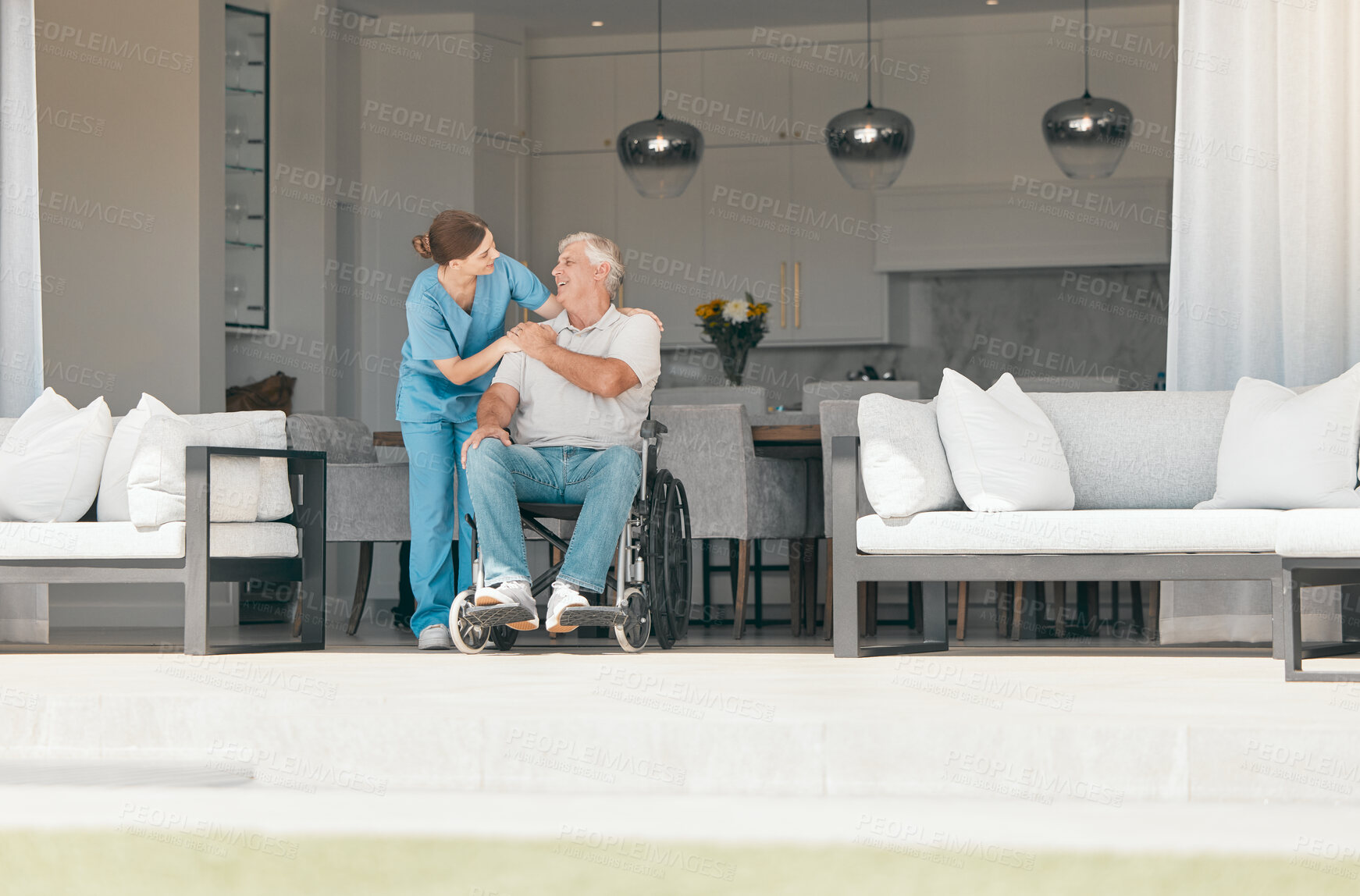 Buy stock photo Old man in wheelchair, nurse or caregiver talking for healthcare support at nursing home. Love, help or doctor speaking to senior patient or elderly person with a disability for care, empathy or hope