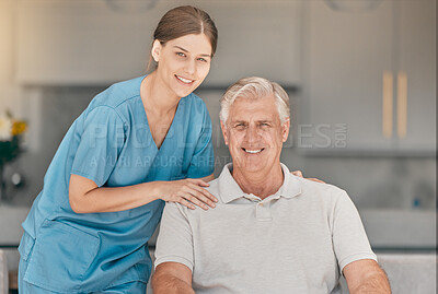 Buy stock photo Happy woman, doctor and portrait with senior in elderly care, nursing or support at retirement home. Female person, nurse or caregiver smile with mature man for career, trust or healthcare at house