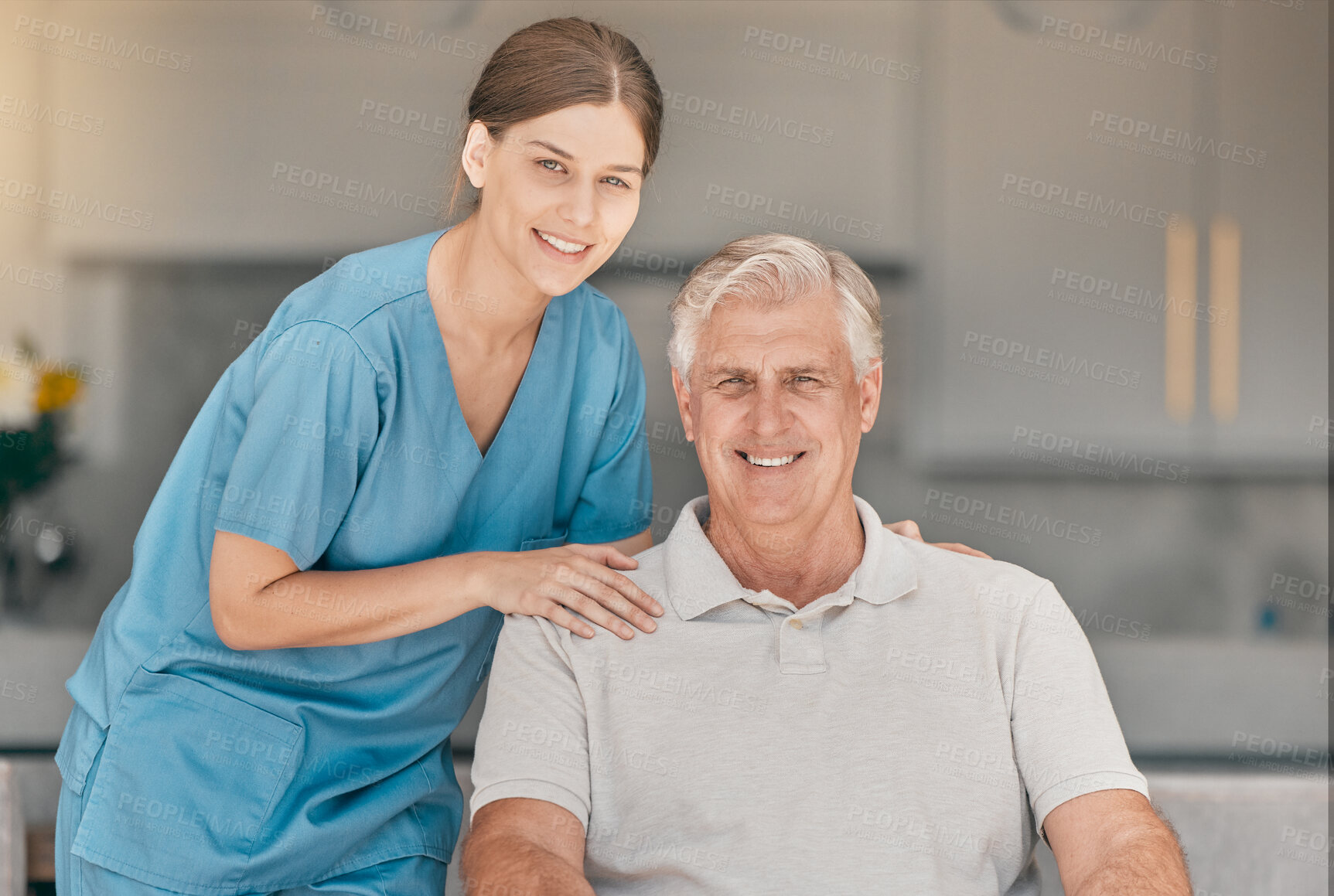 Buy stock photo Happy woman, doctor and portrait with senior in elderly care, nursing or support at retirement home. Female person, nurse or caregiver smile with mature man for career, trust or healthcare at house