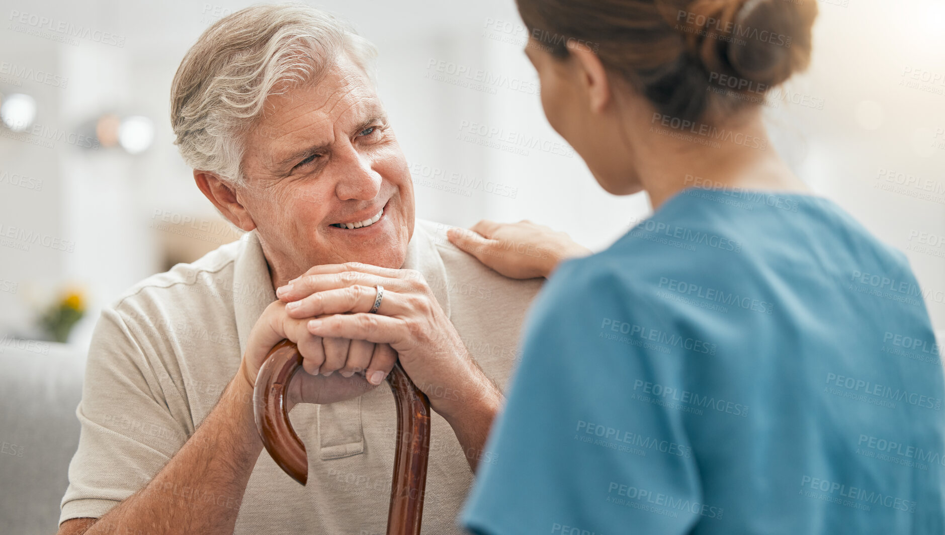 Buy stock photo Good news, senior man and nurse with results, medical test exam or health diagnosis in nursing home. Smile, support or happy mature patient consulting a therapist for advice, empathy or help