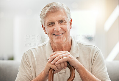 Buy stock photo Nursing home, portrait and happy senior man with a walking stick in a living room with positive attitude. Smile, face and retired elderly male with a disability in a lounge cheerful during recovery