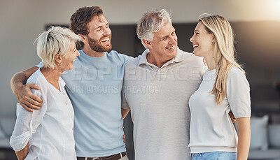 Buy stock photo Real estate, senior parents or happy family laughing with smile in new house, apartment or residence. Retirement, mature mom or funny father with joy, woman or proud man moving in property investment