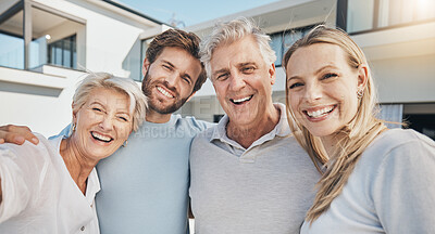 Buy stock photo Selfie of happy family outside new home, real estate and investment with future mortgage with security. Photography, portrait of men and women in backyard of property, group of people with smile.