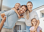 Happy, portrait and parents with girl children playing in the backyard of family home in Australia. Smile, love and kids bonding and having fun with mother and father in the garden at modern house.