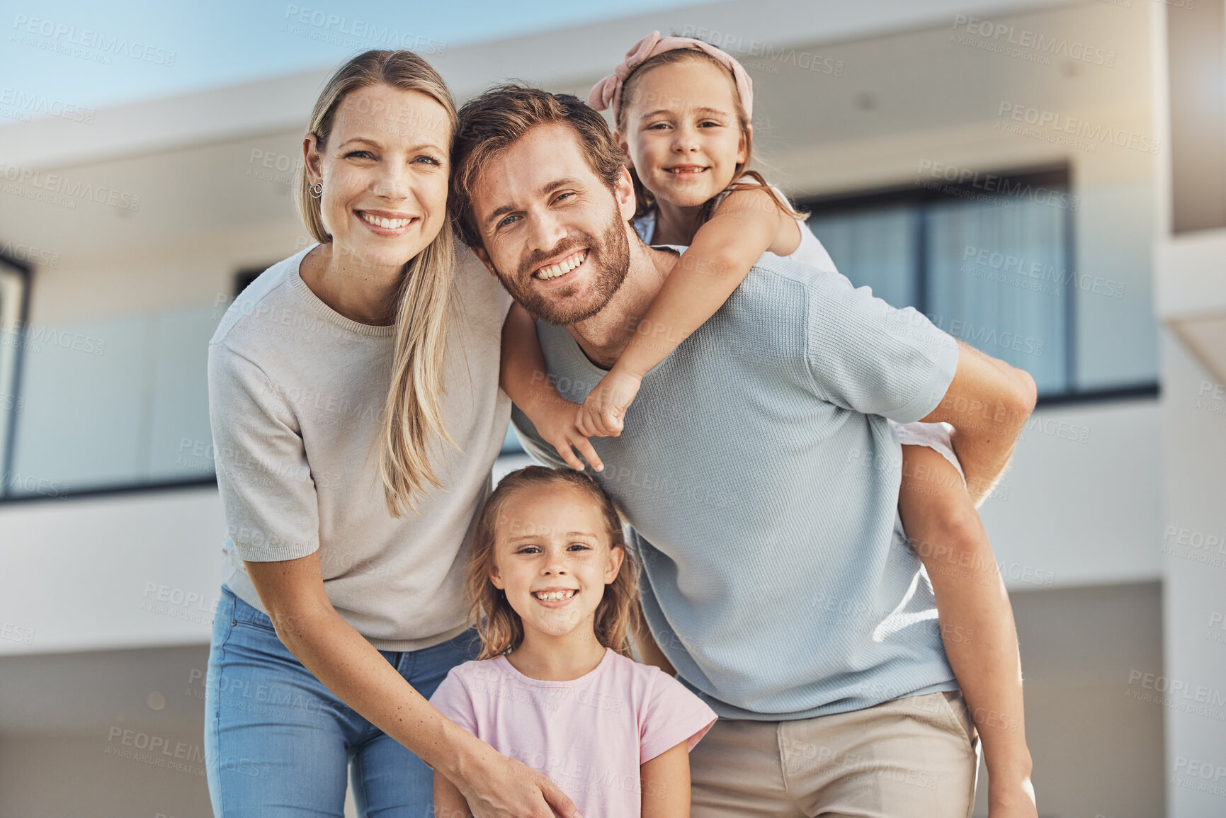 Buy stock photo Real estate, parents or portrait of happy family with children or smile in new house, apartment or home. Love, mother or proud father with girls, siblings or kids moving into property investment