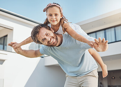 Buy stock photo Father portrait, piggyback or child in new home as a happy family on real estate with love, smile or care. Airplane, playing or kid with a proud dad on property in relocation together in dream house