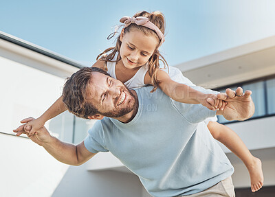 Buy stock photo Father playing, piggyback or child in new home as a happy family on real estate with love, smile or care. Airplane, flying or fun kid with proud dad on property in relocation together in dream house