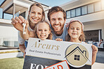 Portrait of happy family, sold sign or home keys for moving into a new house with mom, dad or kids. Smile, success or parents with children siblings, goal or loan for property real estate purchase