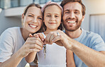 Home keys, parents or portrait of happy family with child or smile in new house, apartment or real estate. Hands, excited mother or proud father with a girl or kid moving into property investment