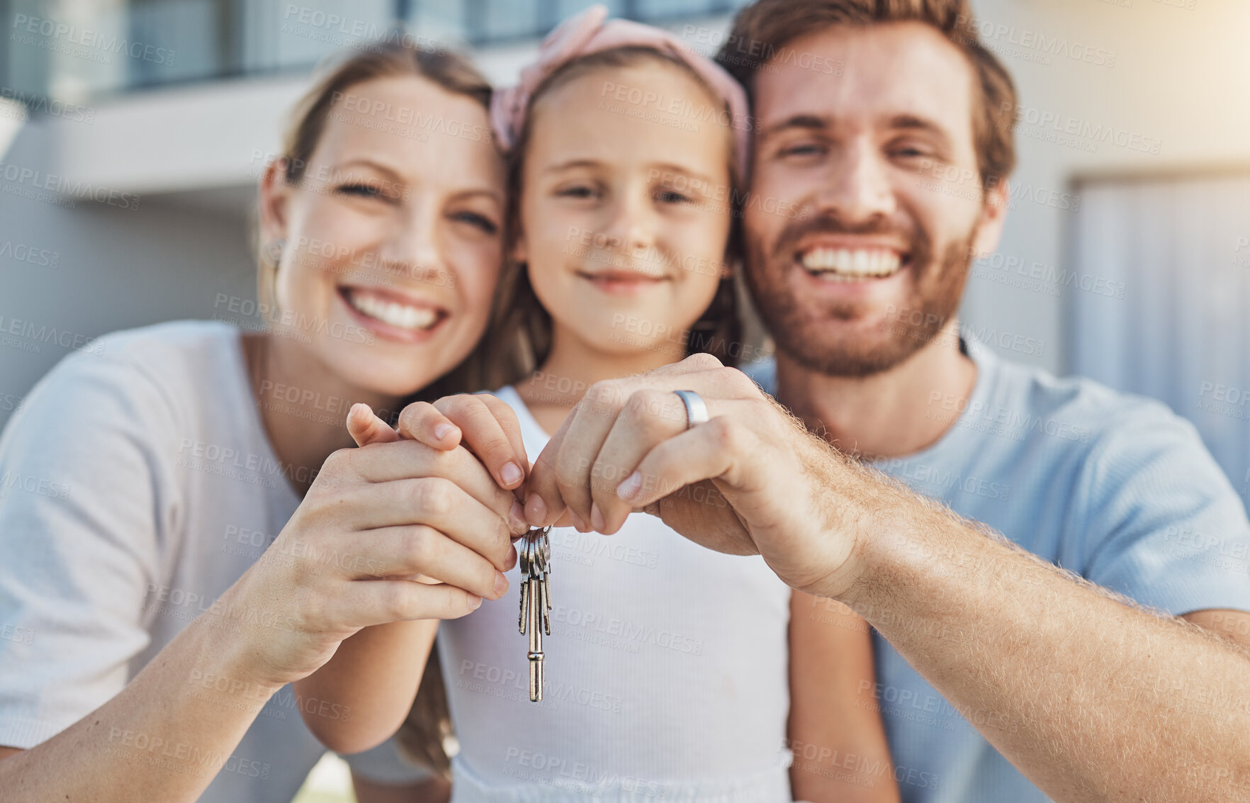 Buy stock photo Home keys, parents or portrait of happy family with child or smile in new house, apartment or real estate. Hands, excited mother or proud father with a girl or kid moving into property investment