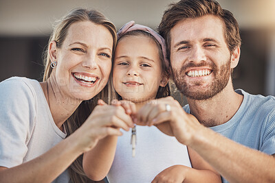 Buy stock photo Happy family, portrait and child with keys for real estate success, new home and moving together in neighborhood. Face of mother, father and girl kid with property investment, mortgage or house loan