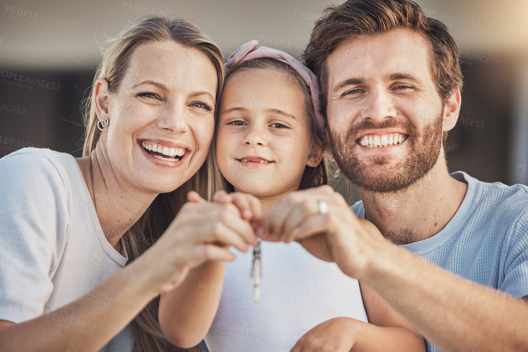 Buy stock photo Happy family, portrait and child with keys for real estate success, new home and moving together in neighborhood. Face of mother, father and girl kid with property investment, mortgage or house loan