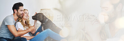 Buy stock photo Happy, couple and relax with dog in home, mockup and banner for foster, adoption or love for rescue pitbull. People, pet and double exposure with space for puppy, info or care for animal in house