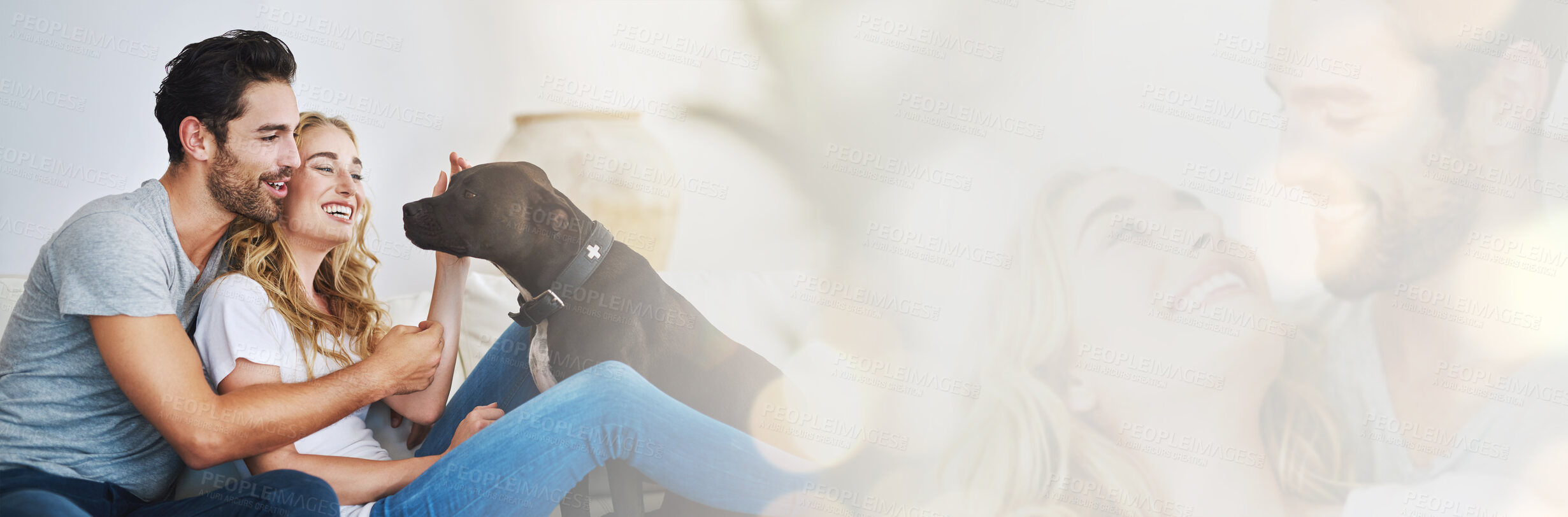 Buy stock photo Happy, couple and relax with dog in home, mockup and banner for foster, adoption or love for rescue pitbull. People, pet and double exposure with space for puppy, info or care for animal in house