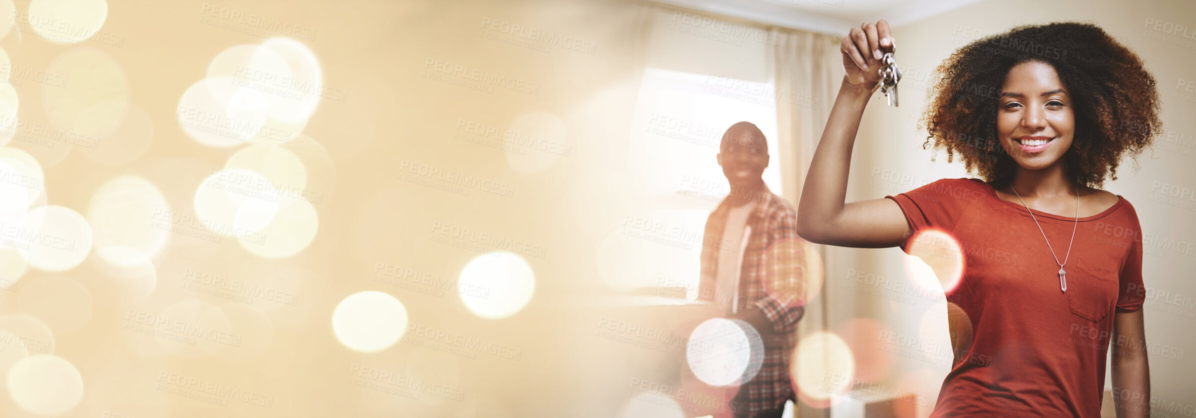 Buy stock photo Portrait, mockup or black woman with house key in new home for investment, property or real estate. Couple, bokeh or African man with a happy person in apartment with loan success, goal or security 