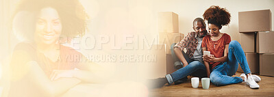 Buy stock photo Couple, moving and happy on phone in home, browse and online search for furniture on floor. Diversity people, banner and overlay on boxes, real estate and investment in mortgage in double exposure