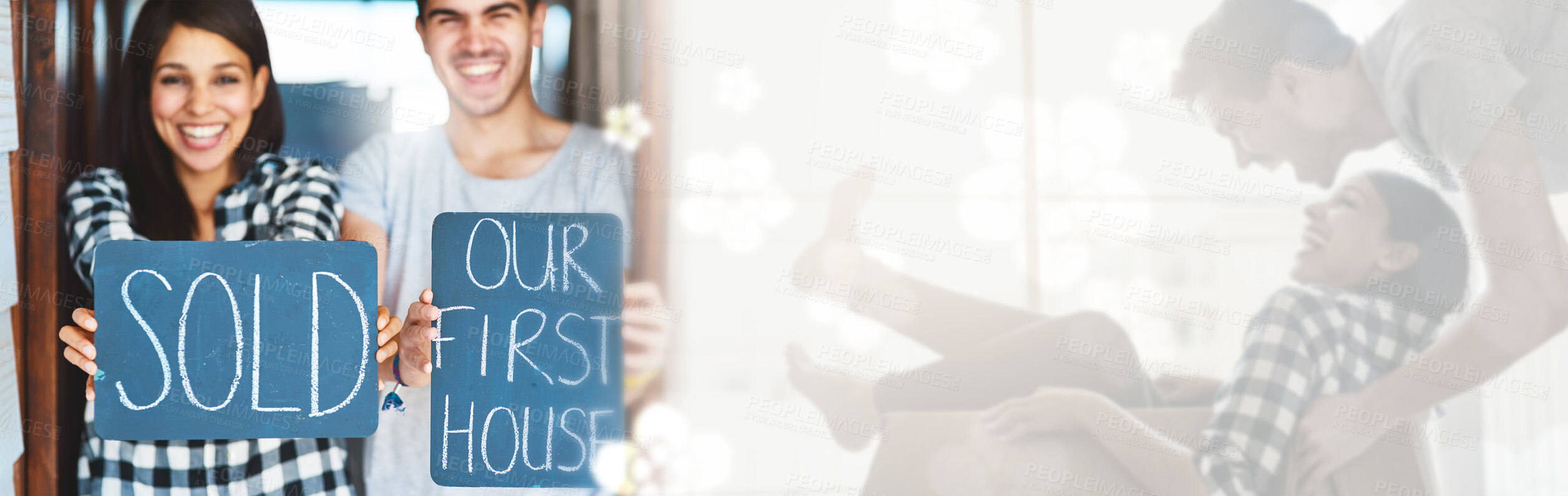 Buy stock photo Real estate, overlay and a couple holding a sold sign together in their new home after moving house. Love, property and double exposure with young people excited in their apartment for investment