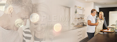 Buy stock photo Laughing, double exposure and mature couple in kitchen with cooking, love and mockup space at home. Food, marriage and embrace of happy people together with smile at a house with care and support