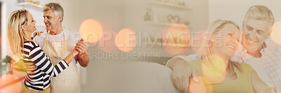 Buy stock photo Senior couple, love and dance in a kitchen with overlay, romance and bond at home. Double exposure, romance and elderly people happy together in their house with care, security and fun in retirement