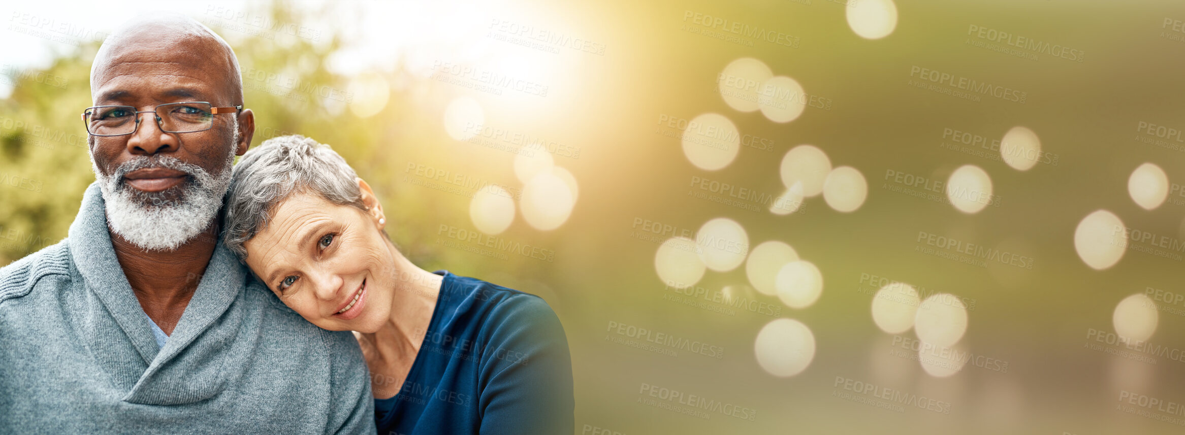 Buy stock photo Park, diversity portrait and mature happy couple relax, care and outdoor bonding, romance and nature sunshine. Mockup space, bokeh and banner woman, black man or marriage people care, smile and trust