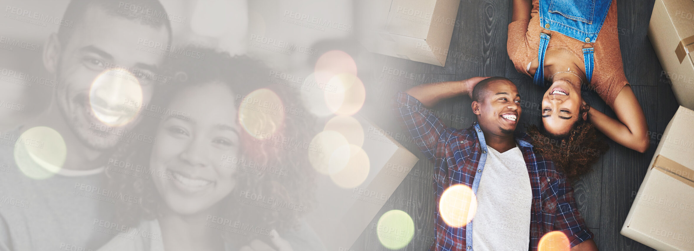 Buy stock photo Bokeh, success or happy couple in new home for real estate for investment in property or apartment. Smile, relax or excited black man with a biracial woman on house floor with loan, goal or security 