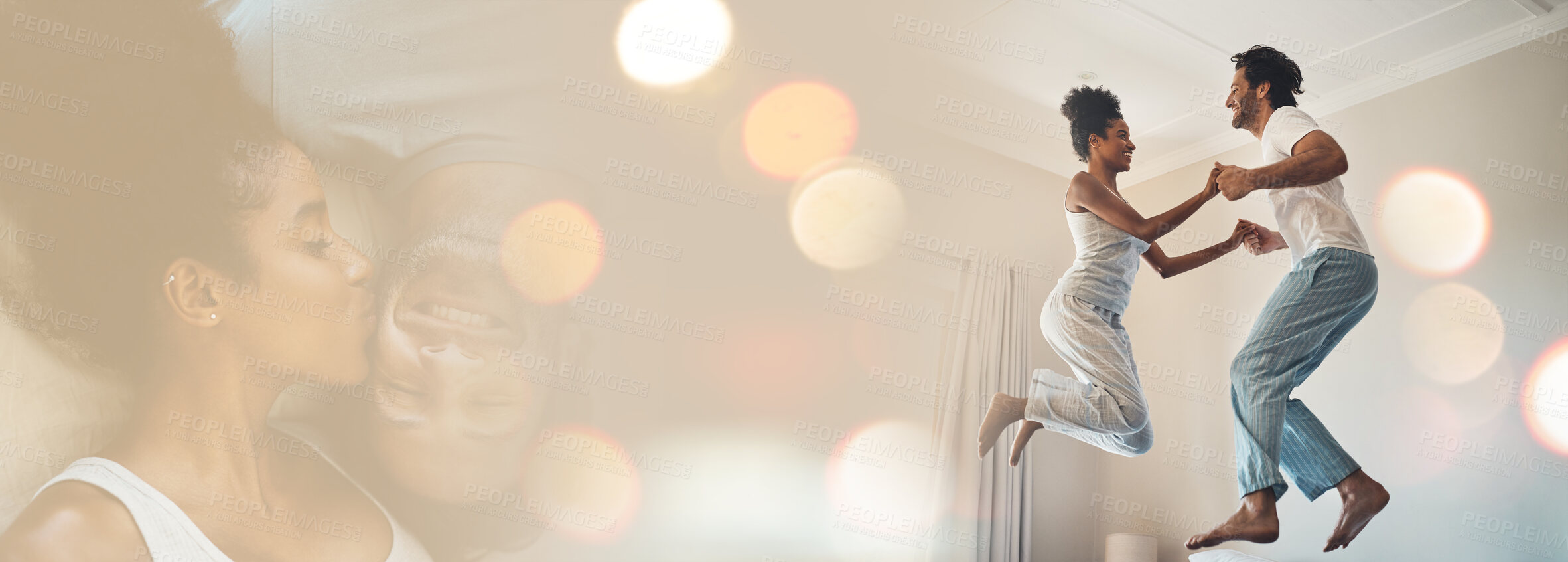 Buy stock photo Double exposure, jumping and couple on bed for love and playing together in the morning in a bedroom for happiness. Kiss, care and playful happy man excited with woman in a home with romance