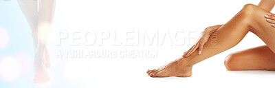 Buy stock photo Beauty, legs and hair removal with a model in studio on a banner for natural skincare or wellness. Hands, mockup space and double exposure with a woman touching her smooth skin at the spa or salon