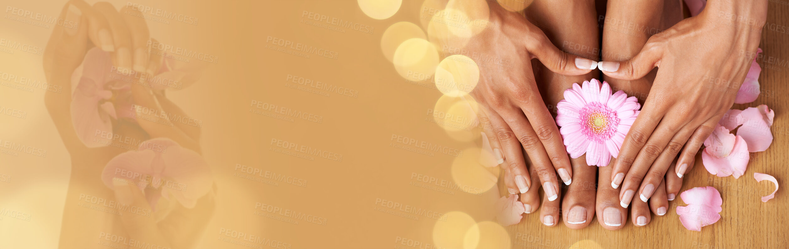 Buy stock photo Hands, feet and double exposure, beauty with flowers and natural skincare banner on studio background. Bokeh mockup, treatment and overlay, person and eco friendly cosmetics for manicure and pedicure