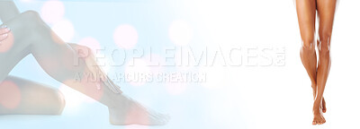 Buy stock photo Legs, epilation and beauty, person with banner and double exposure for spa treatment and skincare on studio background. Bokeh, mockup space and hair removal, smooth skin with self care and overlay