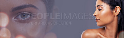 Buy stock photo Beauty, overlay and woman with mockup space for advertising, makeup promotion and banner. Skincare, dermatology and profile of person with cosmetics, face glamour and wellness on studio background