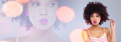 Buy stock photo Beauty, bokeh and woman in mockup for makeup, cosmetics or hair care in magazine promotion. Banner, double exposure and overlay, face of model with info space for lipstick or skincare tips in studio.