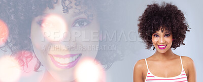 Buy stock photo Beauty, bokeh and portrait of happy woman in mockup for cosmetics, skincare or fashion glow. Banner, poster and overlay, model with smile on face and info space for makeup tips, benefits or promotion